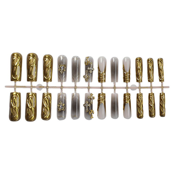 Decorative Press-On Nail Set with Gold Accents Bowlift
