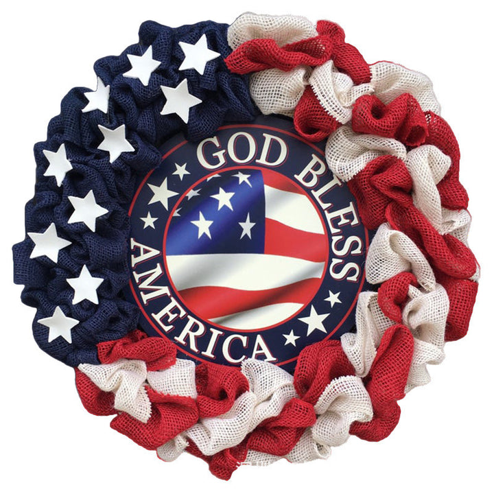 Unisex nan patriotic burlap ruffle wreath with printed God Bless America medallion Bowlift