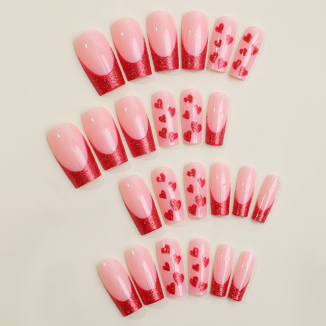 Premium Decorative Press-On Nail Set with Heart and Glitter Designs Bowlift