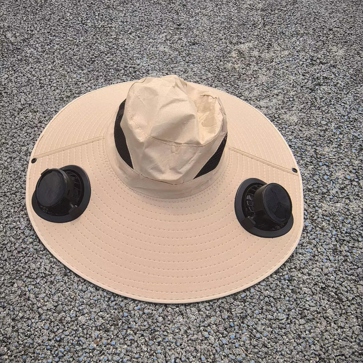 Ventilated sun hat with integrated solar fans and wide brim Bowlift
