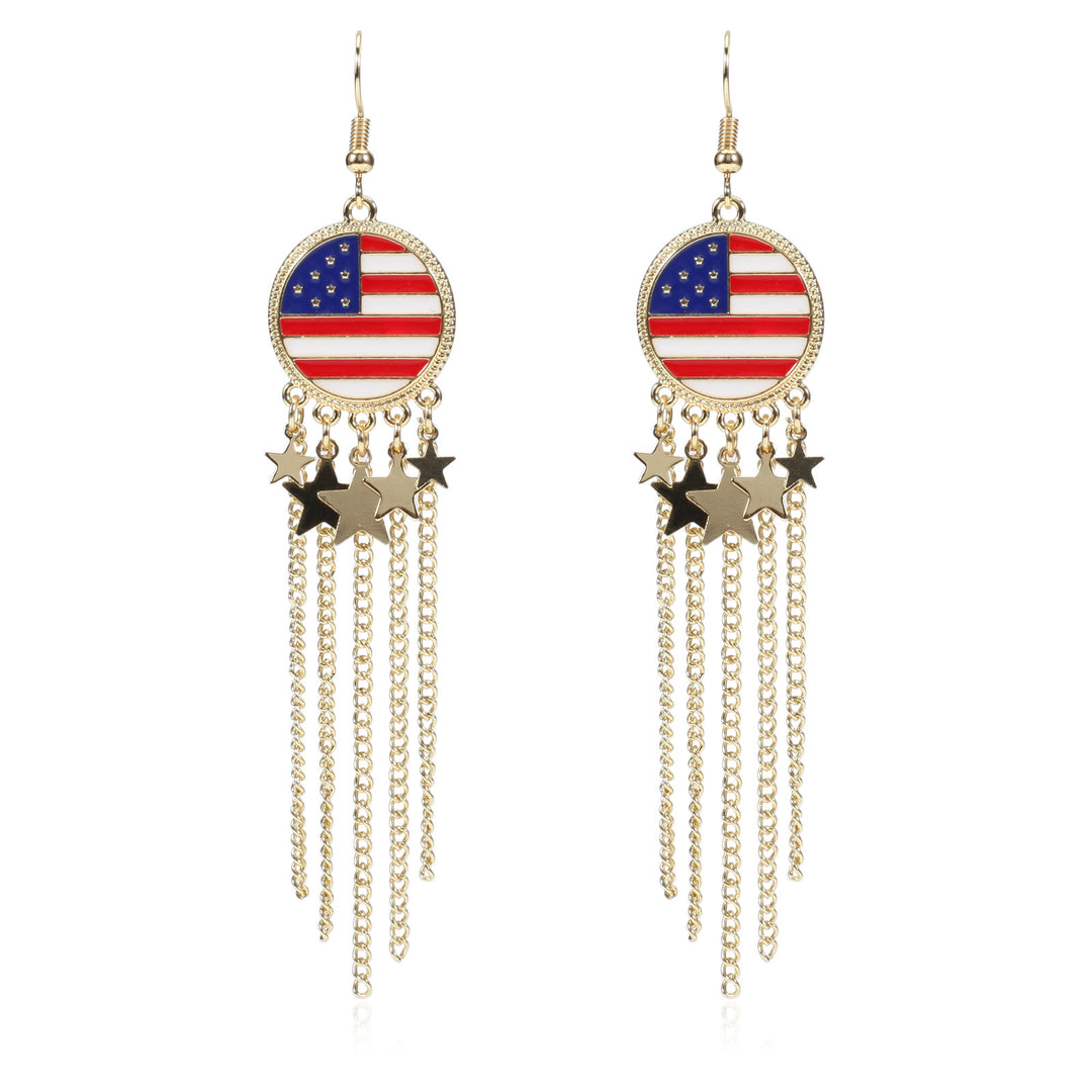 Women's nan long beaded fringe dangle earrings with enamel flag medallion and crystal drops Bowlift