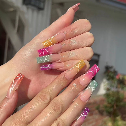 Artistic Press-On Nail Set with Gradient Swirl Designs Bowlift