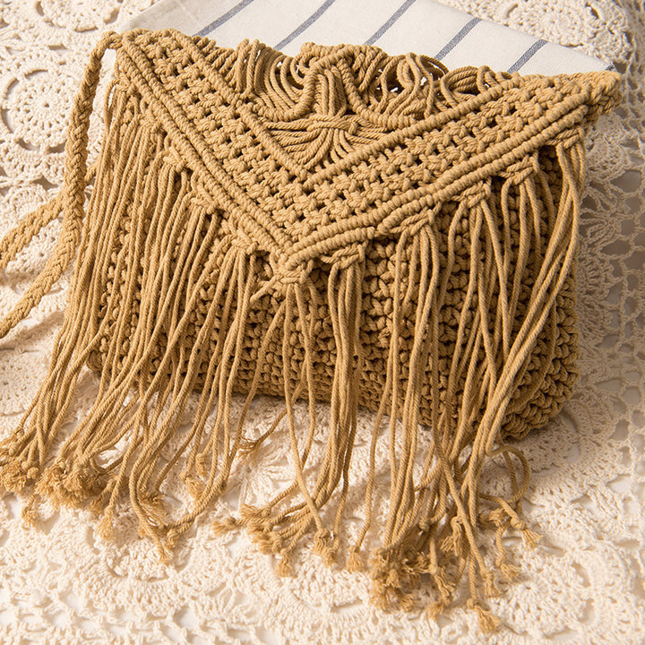 Macrame Handbag with Fringes and Adjustable Shoulder Strap Bowlift