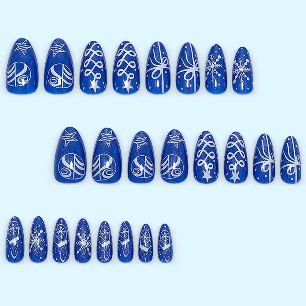 Artificial nails in festive winter design with glittering snowflakes and elegant decorations Bowlift