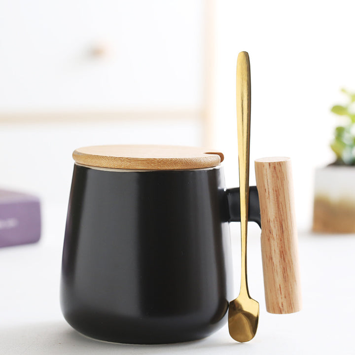 Ceramic Coffee Mug Gift Set with Bamboo Lid Ergonomic Wooden Handle and Gold Spoon Bowlift