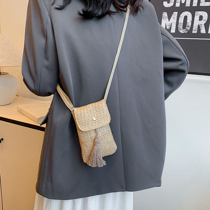 Woven Straw Crossbody Phone Pouch with Tassel and Adjustable Vegan Leather Strap Bowlift