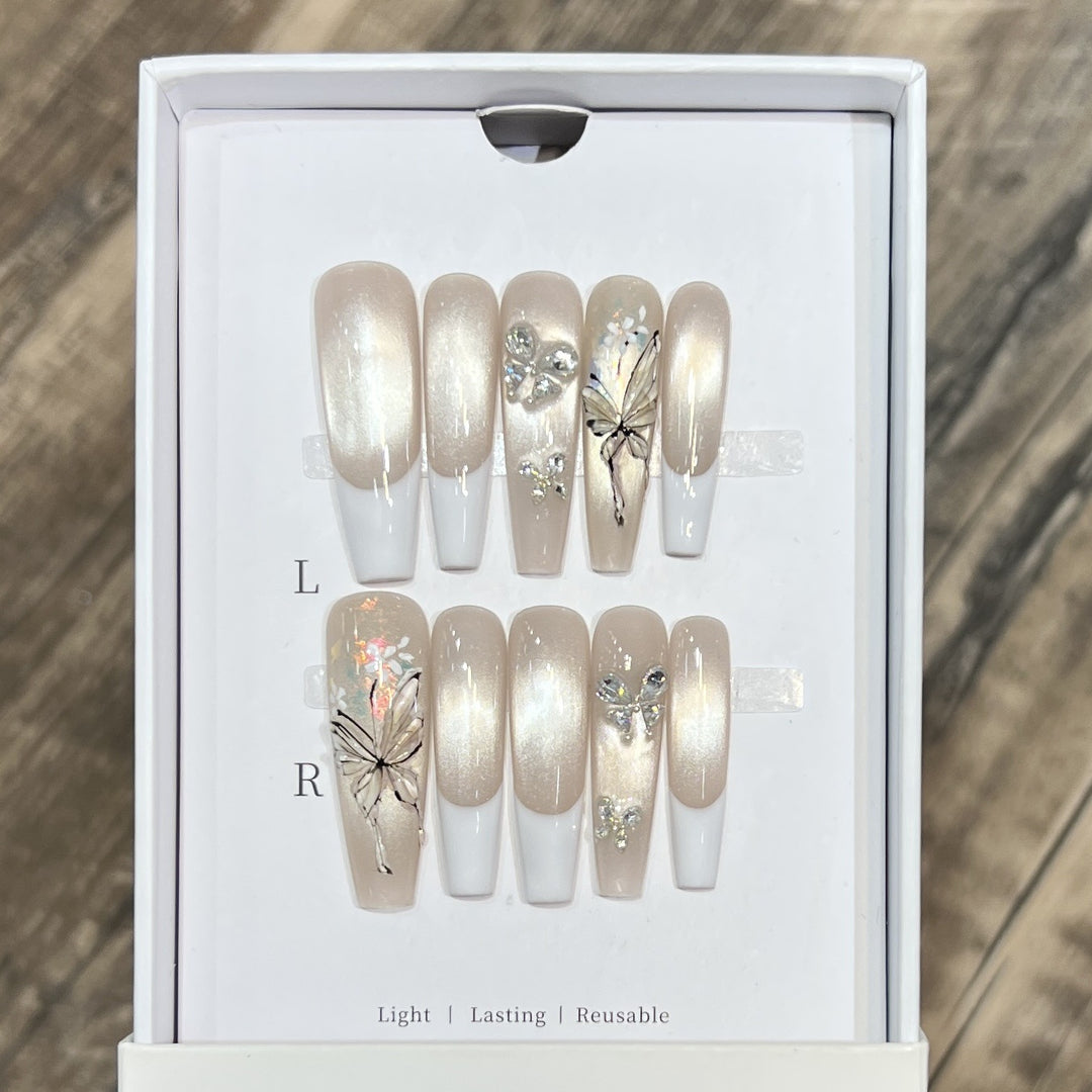 Elegant Press-On Nail Art Set with Butterfly and Jewel Accents Bowlift