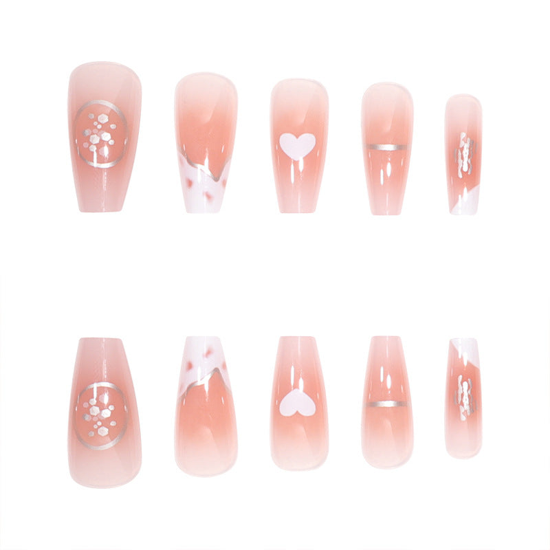 Elegant Long Press-On Nails with Artistic Heart and Gem Accents Bowlift