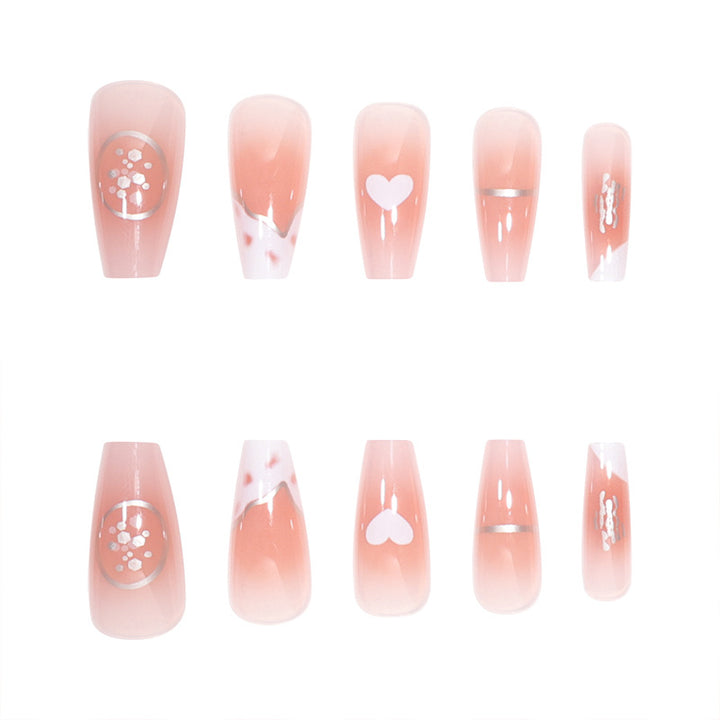 Elegant Long Press-On Nails with Artistic Heart and Gem Accents Bowlift