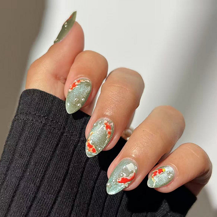 Decorative Press-On Nail Art Set with Koi Fish and Gem Accents Bowlift