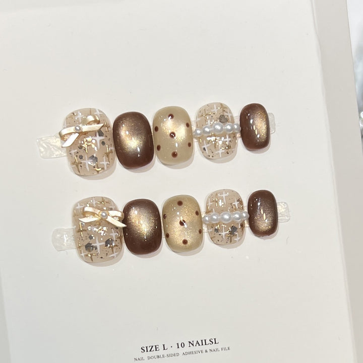 Decorative Press-On Nail Set with Pearl and Bow Accents Bowlift