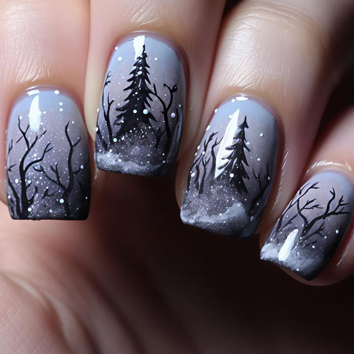Artificial nail art with winter forest motif Bowlift