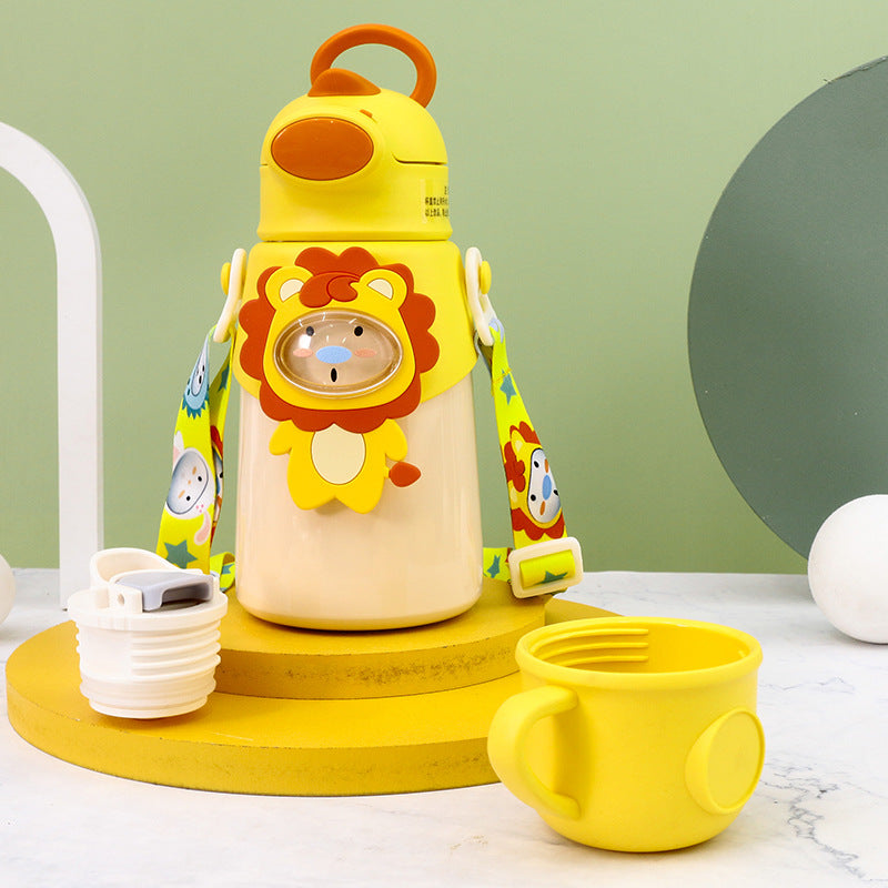 Women's water bottle with friendly animal design and carrying strap Bowlift