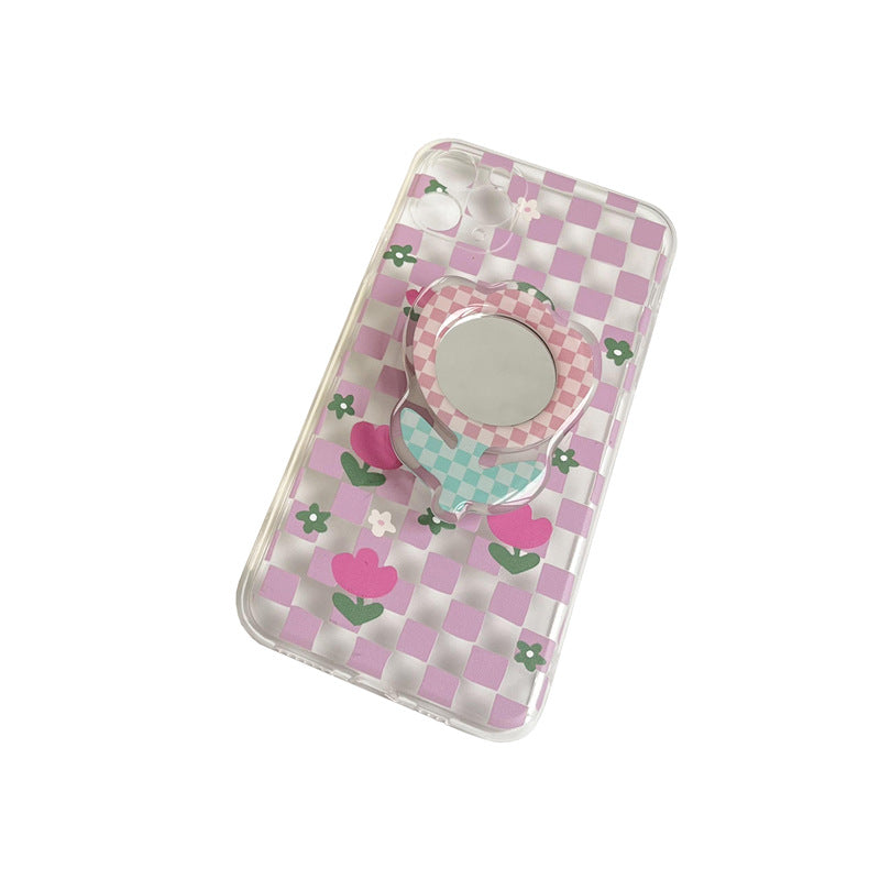 Portable Flower-Shaped Compact Mirror With Acrylic Checkered Frame