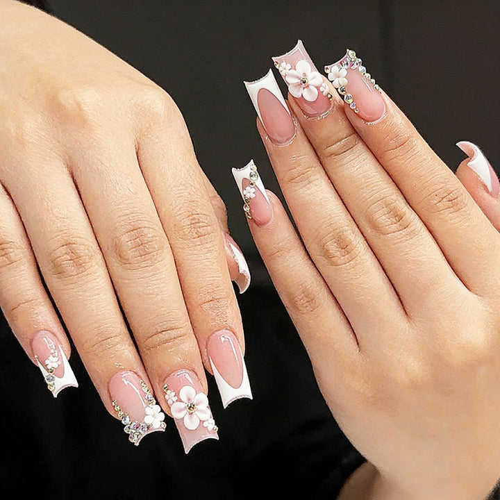 Floral Accent Long Gel Press-On Nails Bowlift