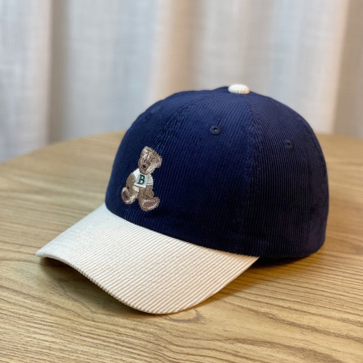 Women's Corduroy Baseball Cap with Teddy Bear Embroidery Bowlift