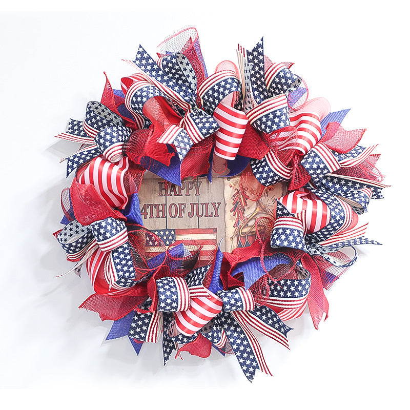 Unisex nan patriotic Americana fabric and wood door wreath with ribbon bows Bowlift