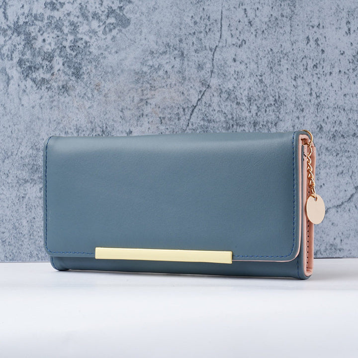 Premium vegan leather long wallet clutch with gold bar accent and detachable chain Bowlift