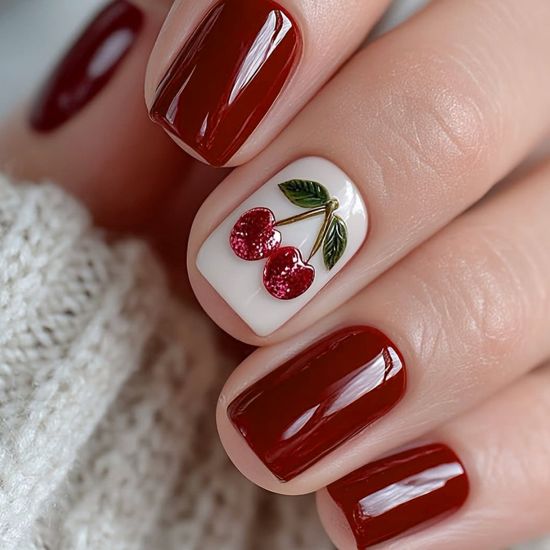 Artistic Cherry-Themed Nail Art Extensions Bowlift