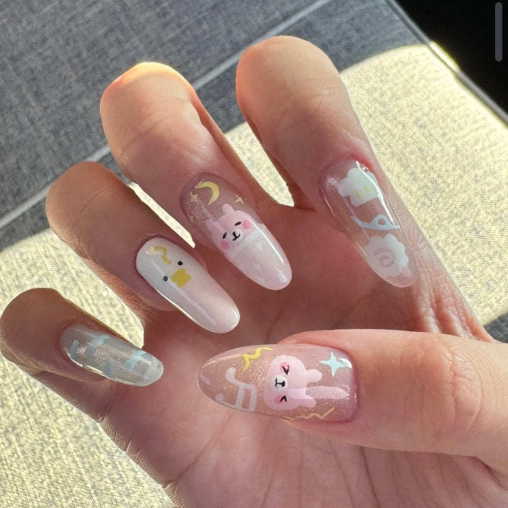 Decorative Long Stiletto Press-On Nails with Heart and Floral Accents Bowlift