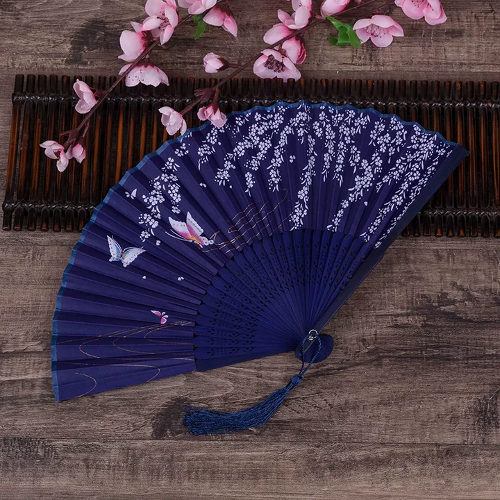 Ladies one size elegant silk folding fan with floral butterfly design and tassel Bowlift