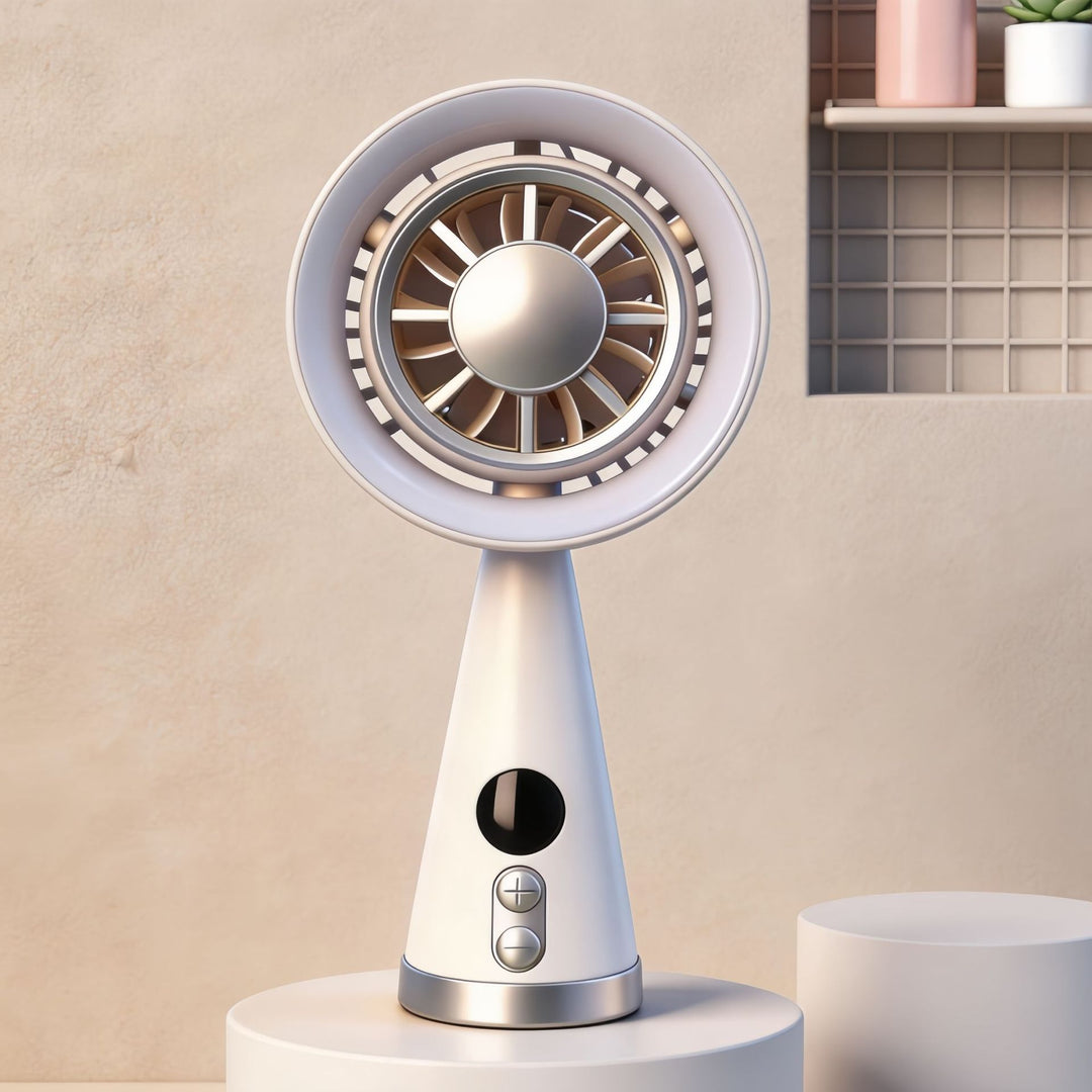 Portable hand fan with RGB LED lighting and precise temperature display Bowlift