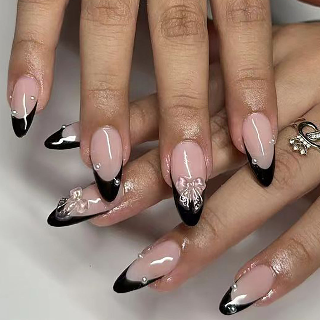 Elegant Stiletto Press-On Nail Art Set with Decorative Floral and Rhinestone Accents Bowlift