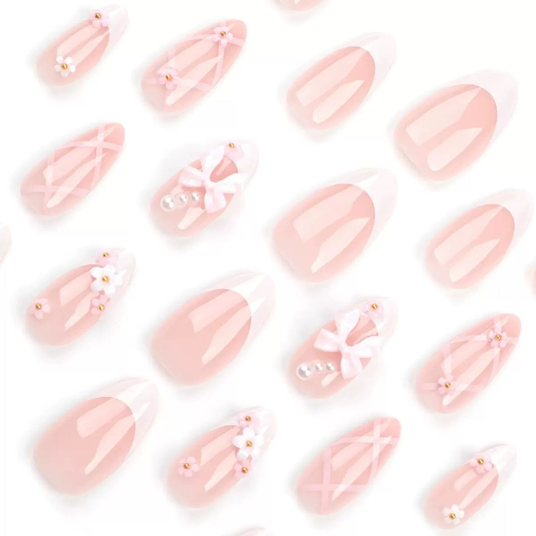 Acrylic Nail Set with Elegant Bows and Floral Accents Bowlift