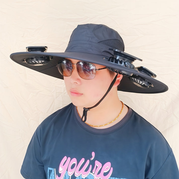 Wide-brimmed sun hat with detachable swivel solar fans and adjustable chin strap Bowlift