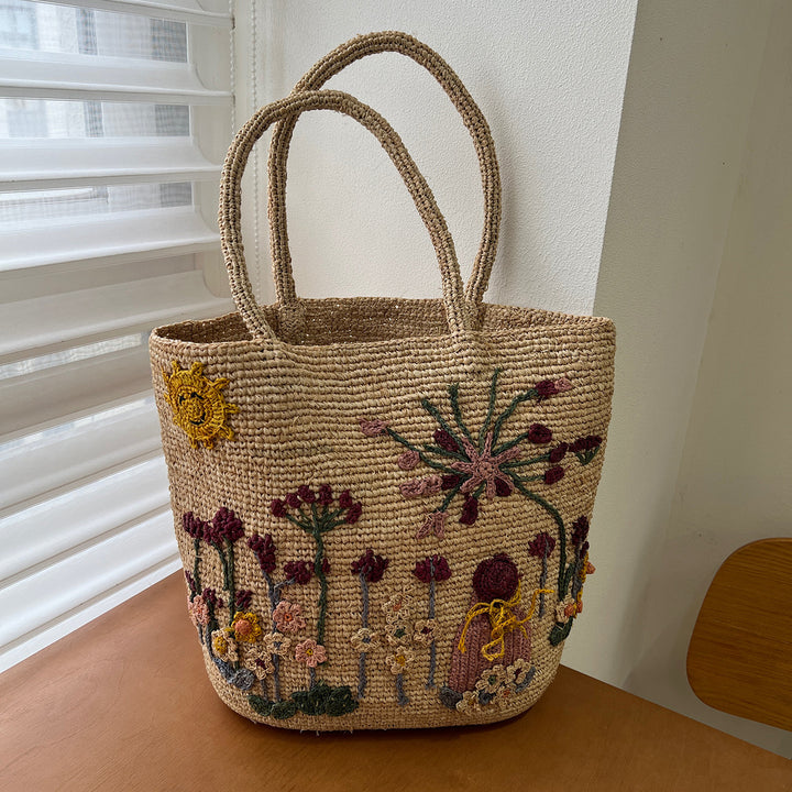 Handmade straw bag with floral embroidery design Bowlift
