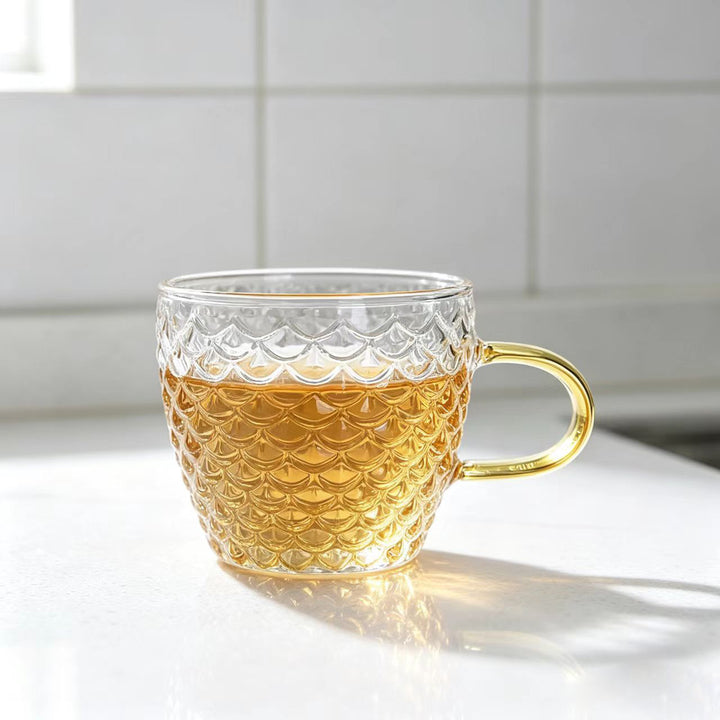 Hand-Blown Textured Glass Coffee Mug with Curved Decorative Handle Bowlift