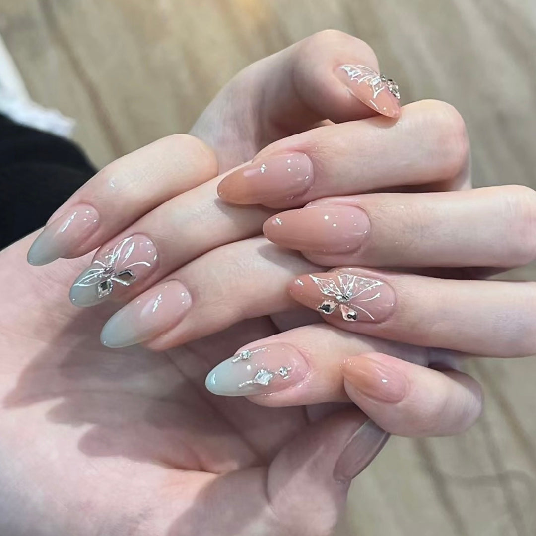 Decorative Stiletto Press-On Nails with Artistic Butterfly Accents Bowlift