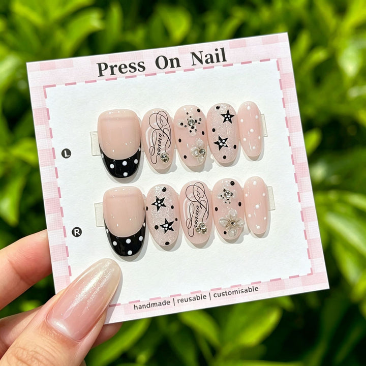 Decorative Press-On Nail Set with Gem Accents  1791774365
