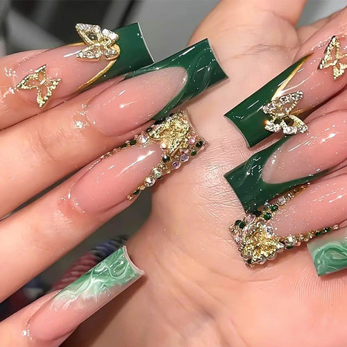 Premium Decorative Press-On Nail Set with Artistic Floral and Gem Accents Bowlift