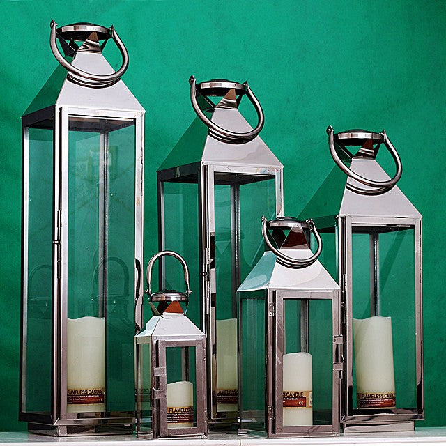Stainless Steel Glass Hurricane Lantern Set with Hinged Door and Top Carry Ring Bowlift