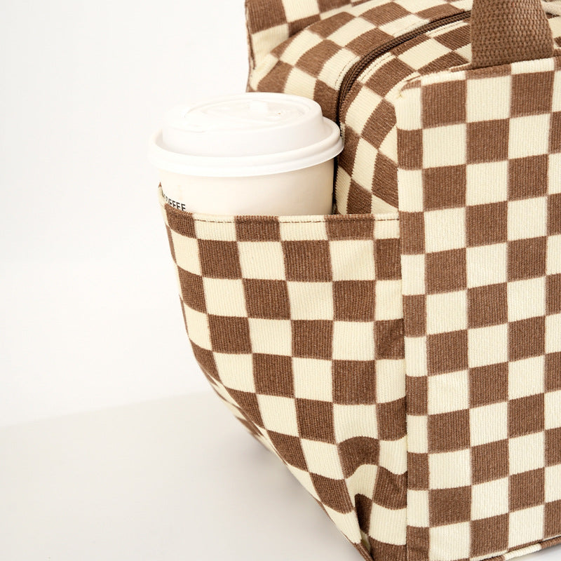 Structured Canvas Checkerboard Tote with External Side Pockets Bowlift