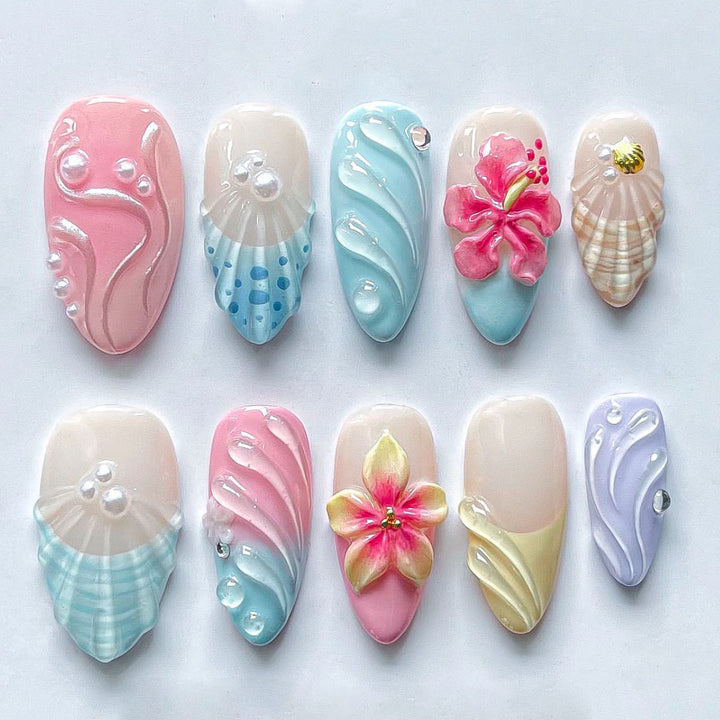 Decorative 3D Floral and Shell Press-On Nail Art Bowlift