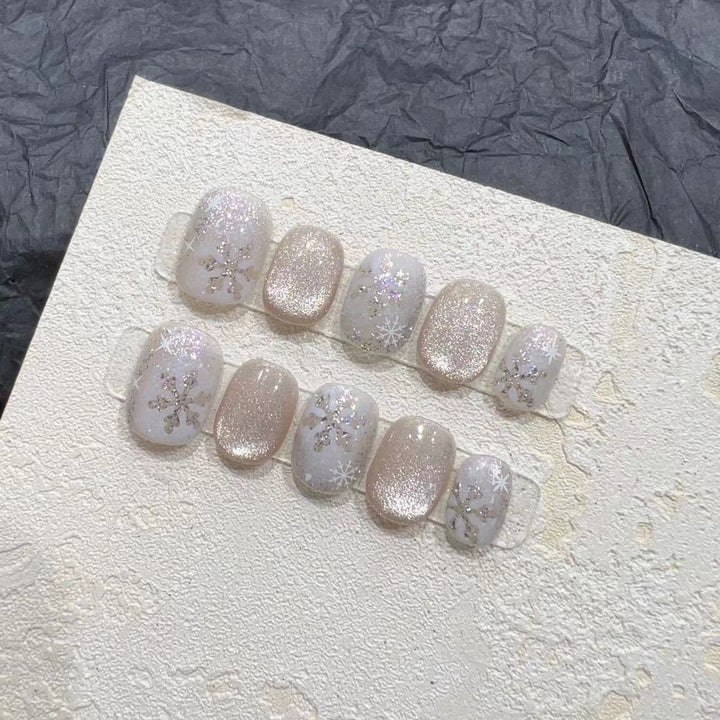 Chic Glittery Press-On Nail Set with Snowflake Design Bowlift