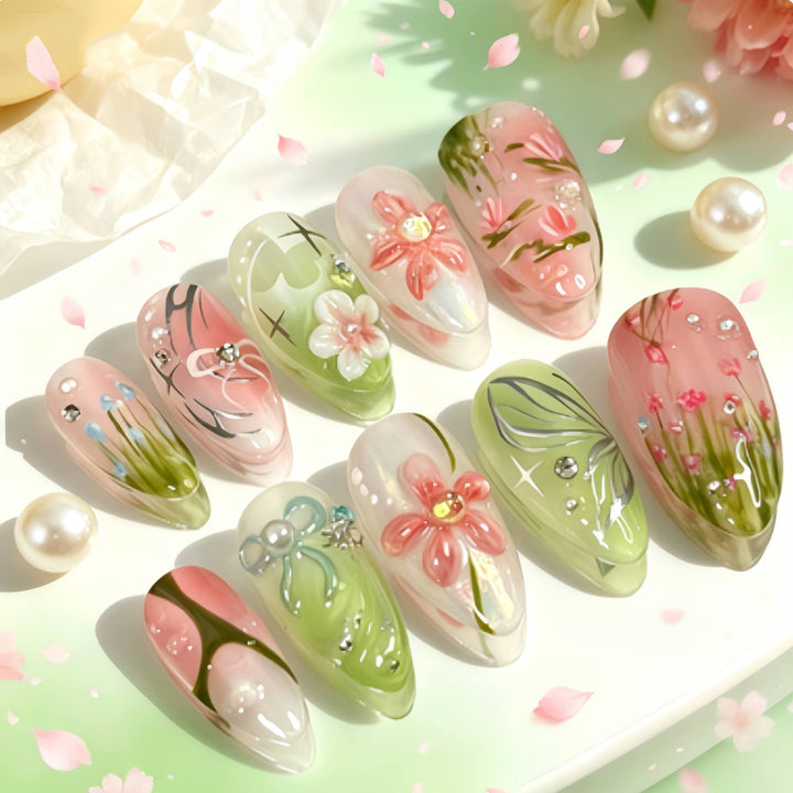 Artistic Floral Design Press-On Nail Set Bowlift