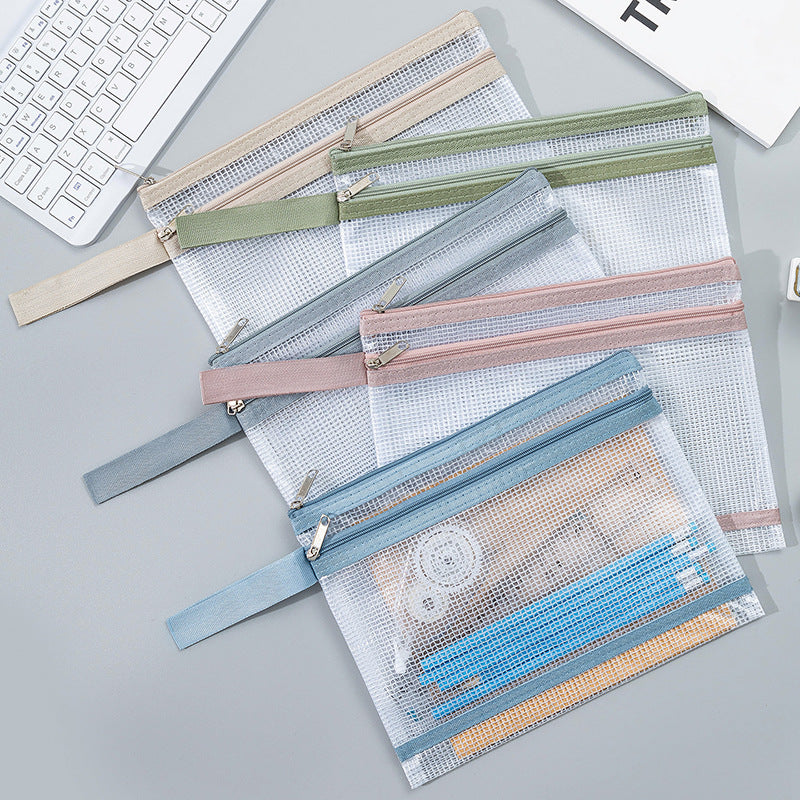 Transparent Mesh Zipper Pouch Set with Wrist Strap Stationery Organizer Bowlift