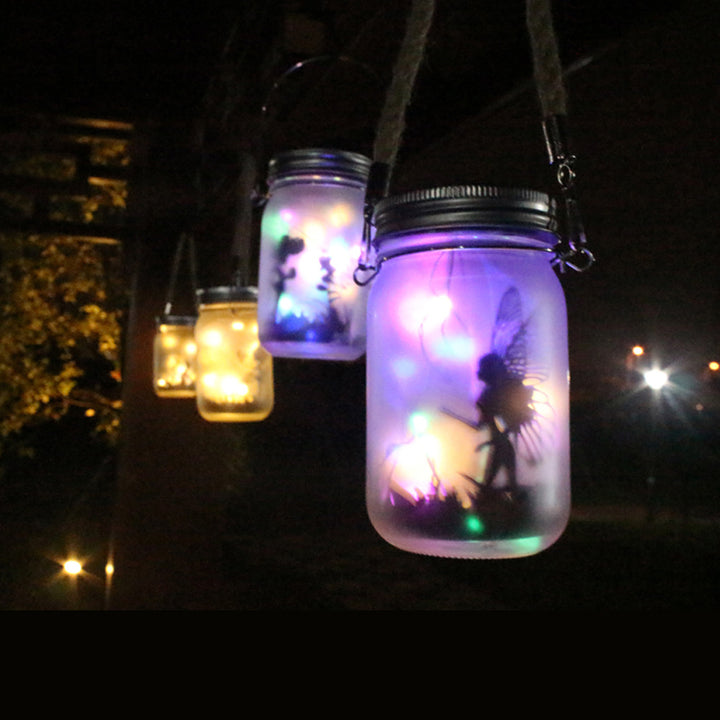 Hanging Frosted Mason Jar Solar LED Fairy Silhouette Lantern With Rope Handle And Dynamic LED String Bowlift