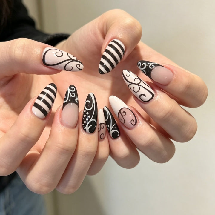 Artificial nails with modern black and white design Bowlift