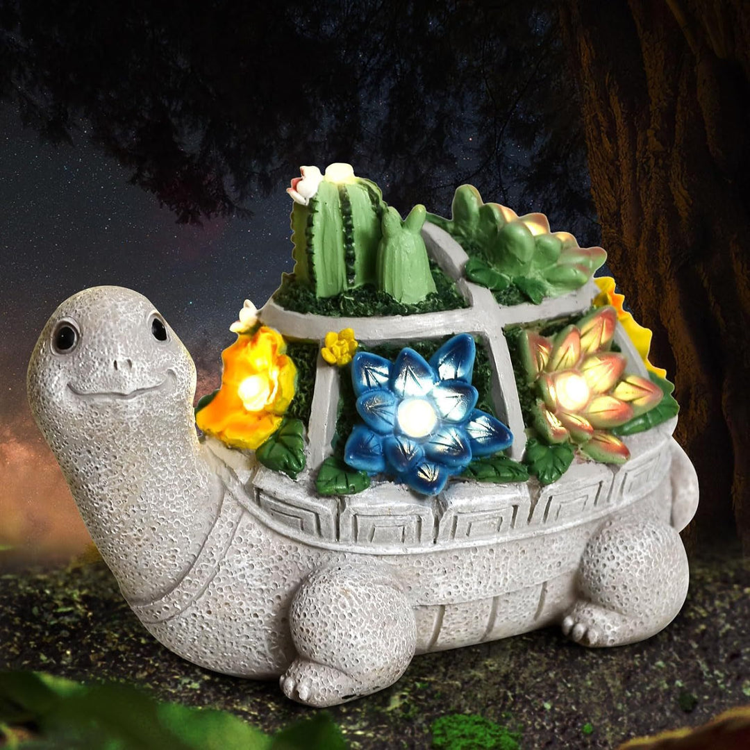 Solar Turtle Succulent Planter With LED Lights Textured Resin Garden Statue Bowlift
