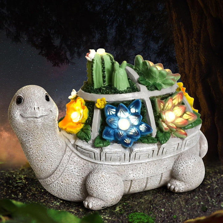 Solar Turtle Succulent Planter With LED Lights Textured Resin Garden Statue Bowlift