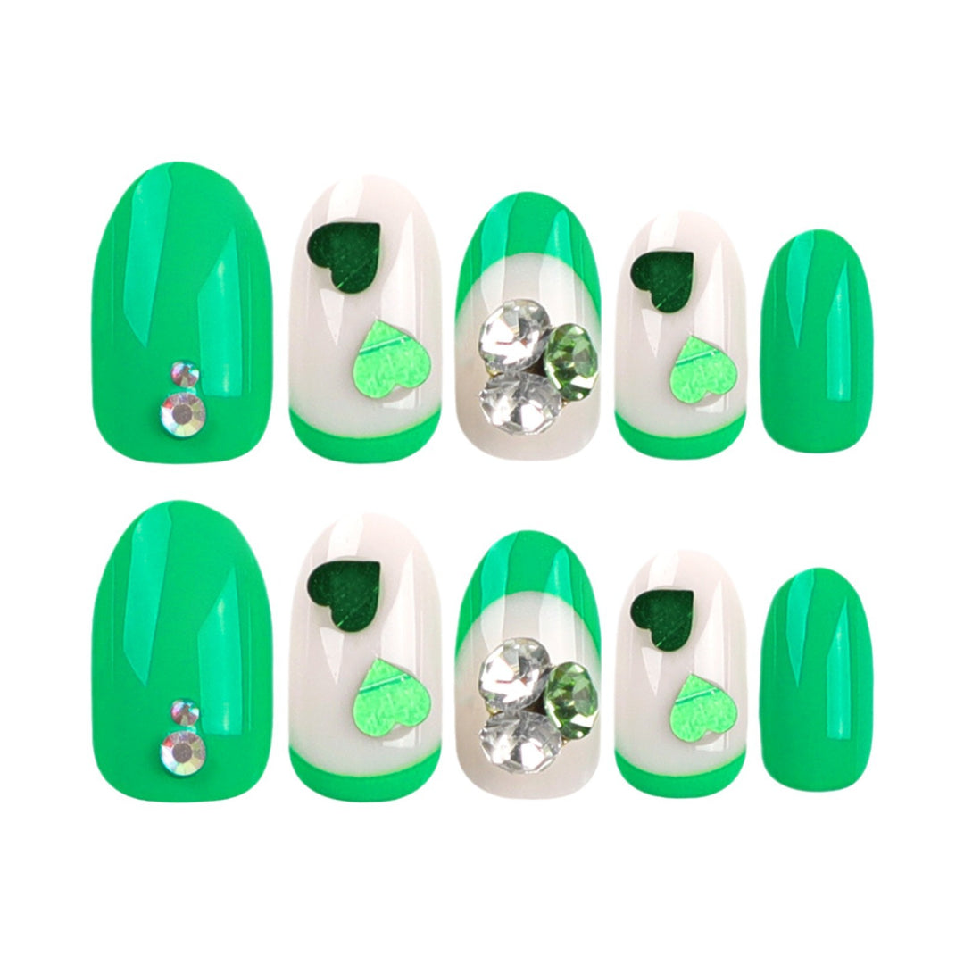 Artistic Nail Extensions with Lovable Heart Patterns and Glitter Accents Bowlift
