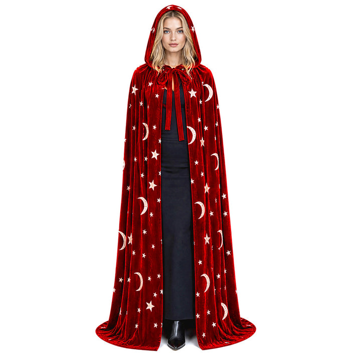 Floor-Length Velvet Hooded Cloak with Celestial Moon and Star Appliqué Bowlift