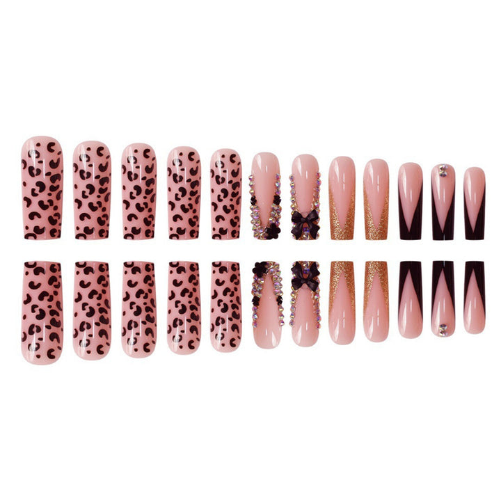 Glamorous Press-On Nail Art Set with Rhinestone and Leopard Accents Bowlift
