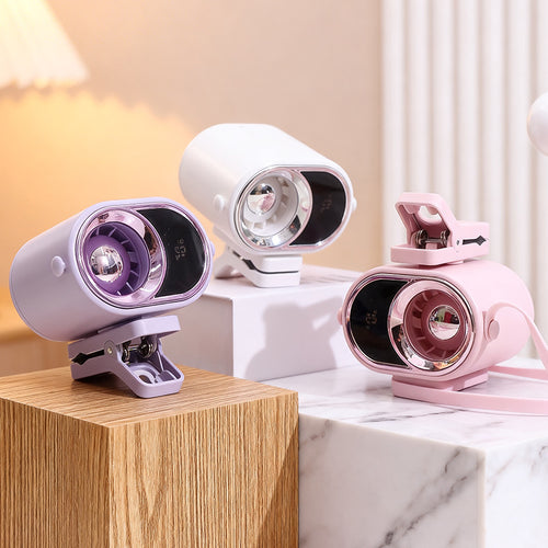 Ladies multitasking table fan with integrated LED display and clamp mounting Bowlift