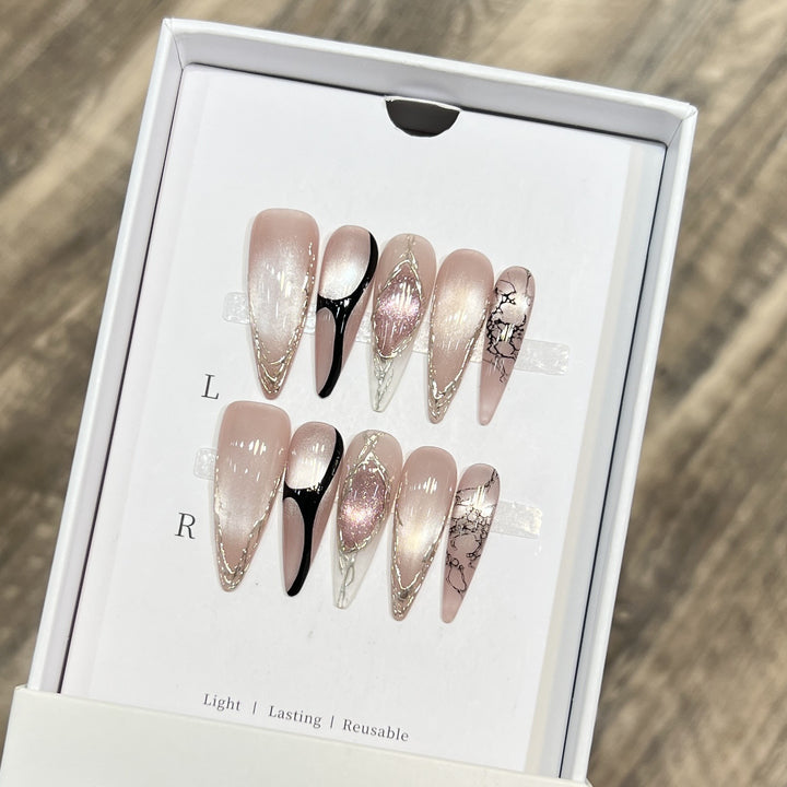 Artistic Stiletto Press-On Nail Set with Unique Marble Design Bowlift