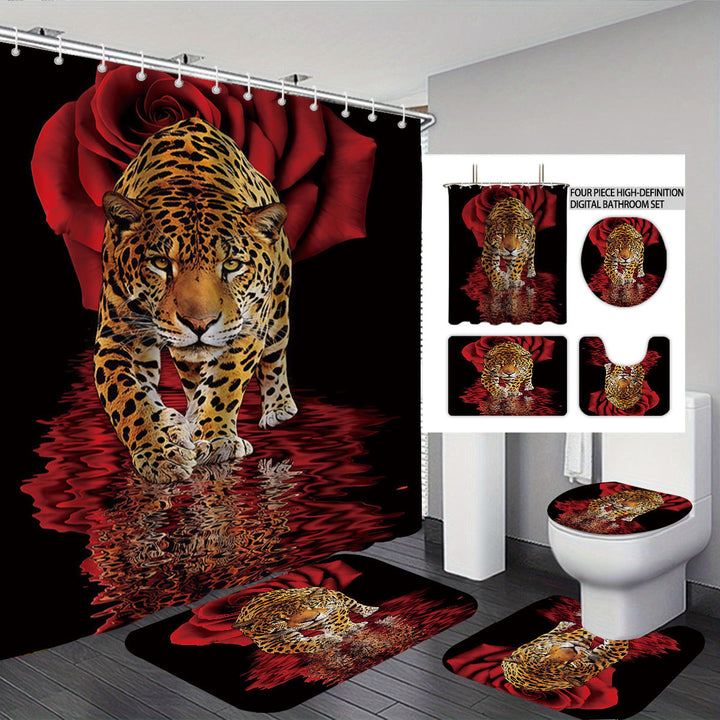 Artistic High-Definition Leopard and Rose-Themed Bathroom Décor Set Bowlift
